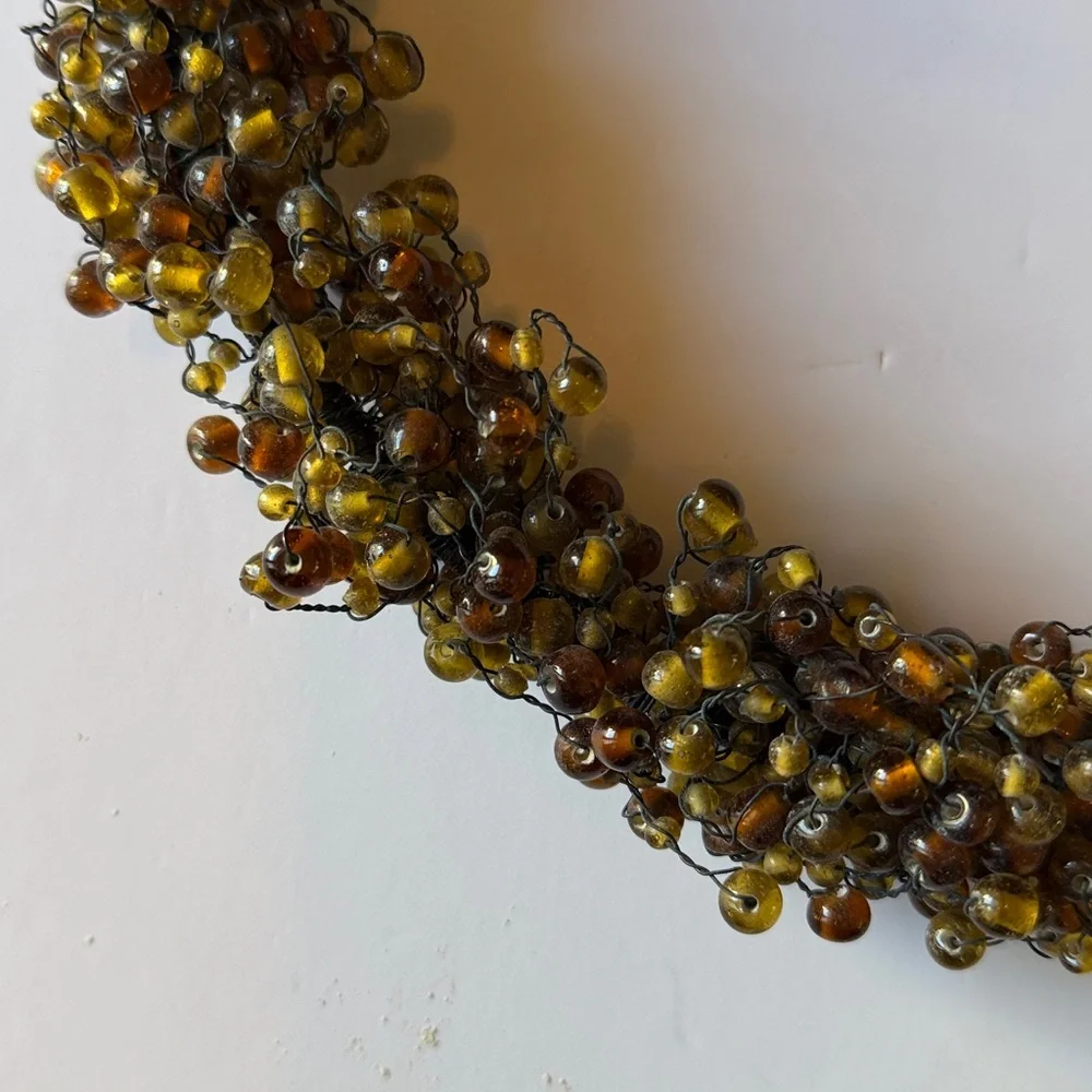 Pottery Barn BEADED WREATH Country Holiday Christmas Gold Ribbon Hanger VTG